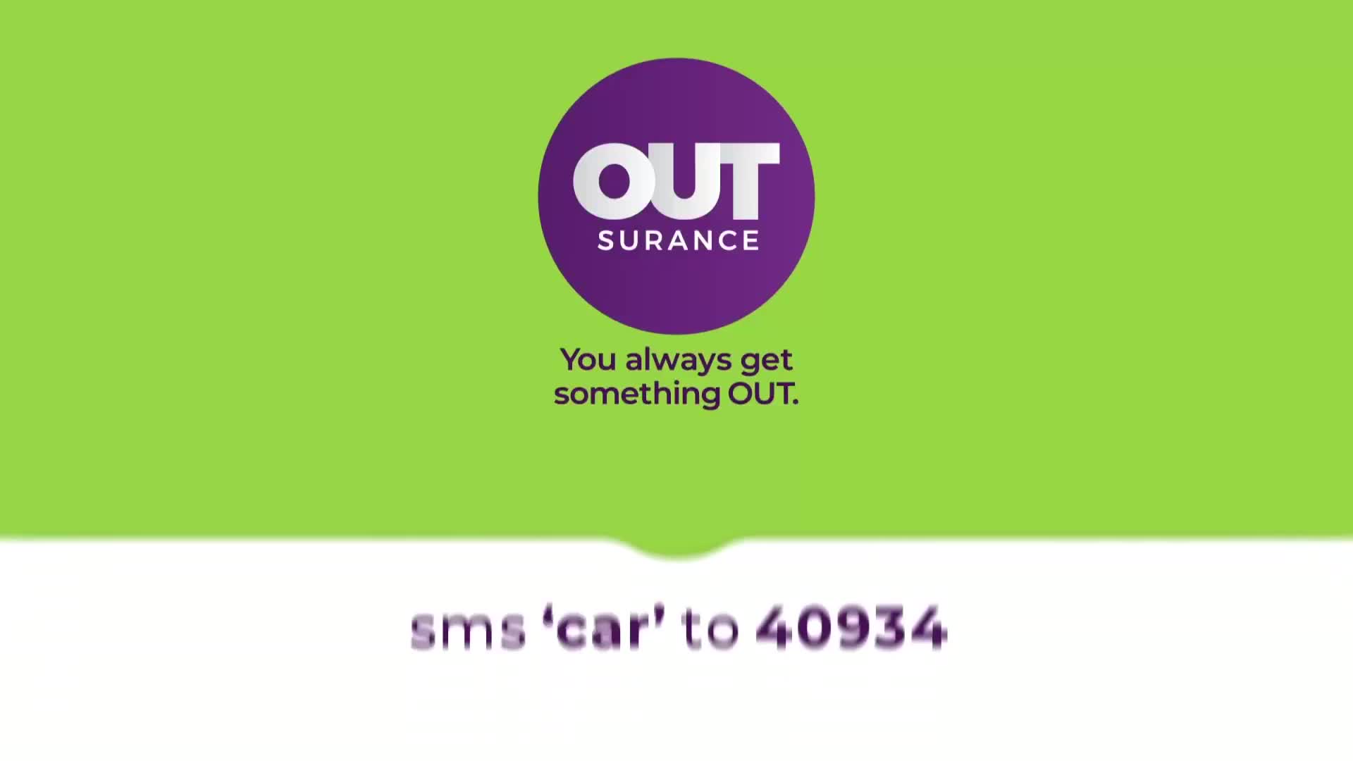 The SABC News logo is visible on a bright green background, with the words "OUT SURANCE" in a purple circle above the tagline, "You always get something OUT." Below this, the instruction "sms 'car' to 40934" appears in white text.