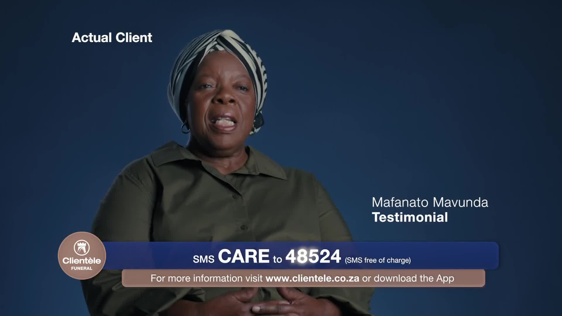 A woman, Mafanato Mavunda, shares her testimonial for Clientèle Funeral.  The screen displays her name and the text "Actual Client" above her.