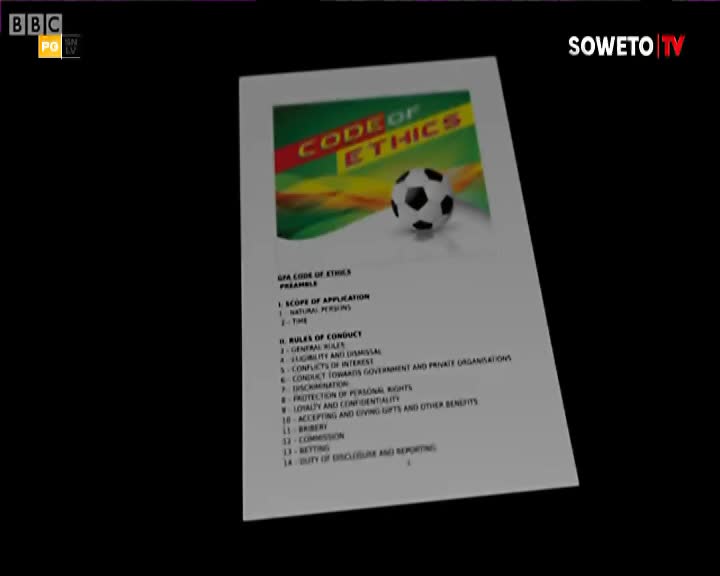On Soweto TV, a document titled "Code of Ethics" is displayed, featuring a soccer ball graphic. The text lists various rules of conduct, with the BBC logo visible in the corner.
