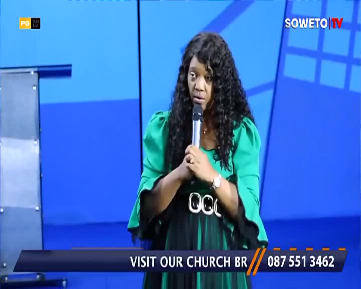 A woman in a green dress, holding a microphone, speaks on a stage with the Soweto TV logo visible. Below, a banner invites viewers to visit a church and provides a phone number.

