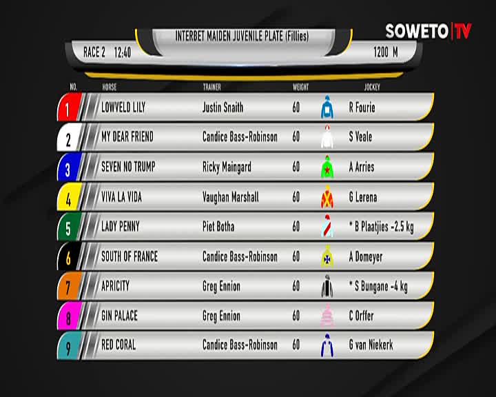 The Soweto TV screen displays a race card for a juvenile fillies' race. The details show the horses' names, trainers, weights, and jockeys, ready for the 1200-meter race.
