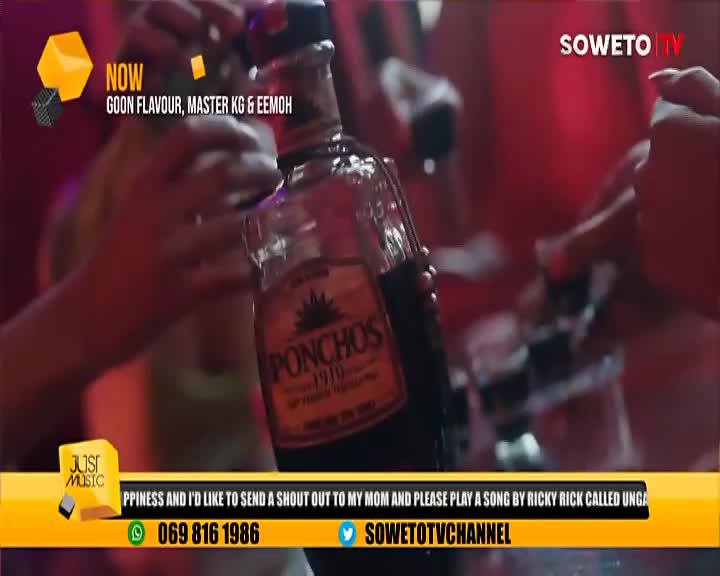 A bottle of Ponchos tequila is held up, surrounded by hands, likely in a toast. The Soweto TV logo sits in the corner, while the bottom banner displays a shout-out request.
