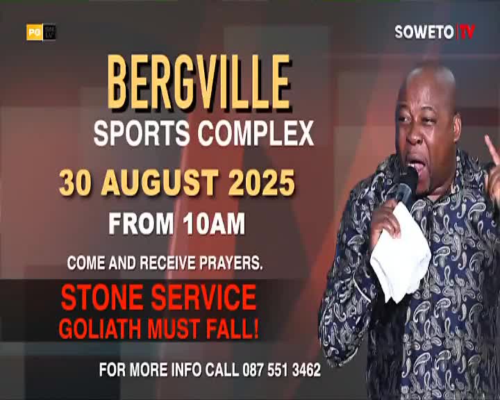 A man in a patterned shirt, microphone in hand, gestures towards the camera on Soweto TV. The screen advertises a "Stone Service" at the Bergville Sports Complex in August 2025.
