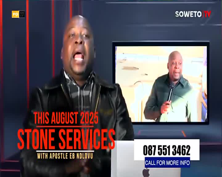 On Soweto TV, a man in a leather jacket is speaking directly to the camera, advertising "Stone Services" with Apostle EB Ndlovu, while a smaller screen shows him holding a microphone. The phone number is prominently displayed.
