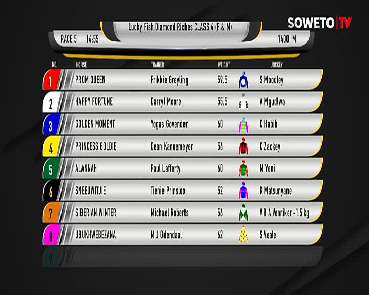 The Soweto TV screen displays the race card for Race 5, showing the horses, trainers, and jockeys set to compete. The details are laid out clearly, with each horse's name and the jockey's silks visible.
