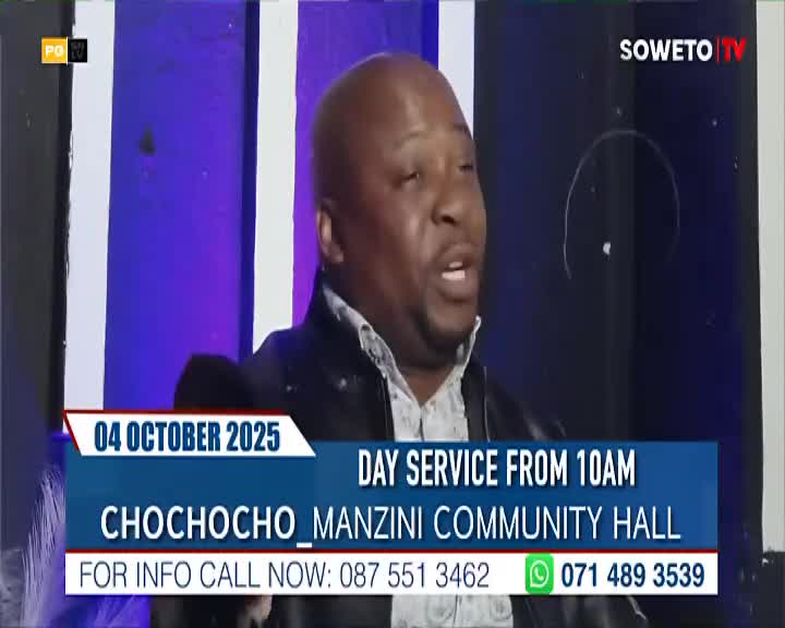 A man on Soweto TV is speaking, his mouth open as he talks. A graphic at the bottom of the screen announces a day service at the Chochoch_Manzini Community Hall.

