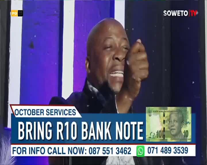 On Soweto TV, a man in a dark jacket gestures emphatically, his face animated. Below, a graphic urges viewers to bring a ten-rand note for October services.
