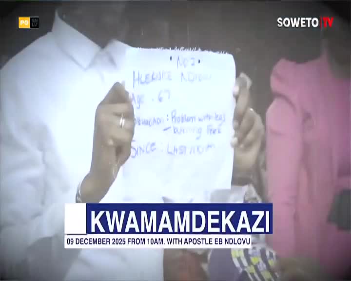 A person in a white shirt holds up a handwritten note, the details partially visible on Soweto TV. The note lists a woman's age and a health concern, likely for a segment called "Kwamamdekazi."
