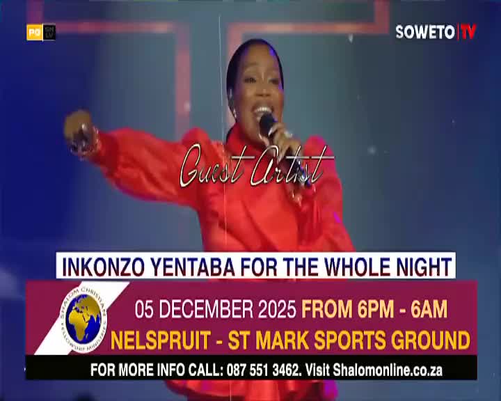 A woman in a bright red outfit sings into a microphone, her arm outstretched as if reaching out to the audience. Soweto TV is broadcasting a live event, advertising an all-night gospel concert in Nelspruit.
