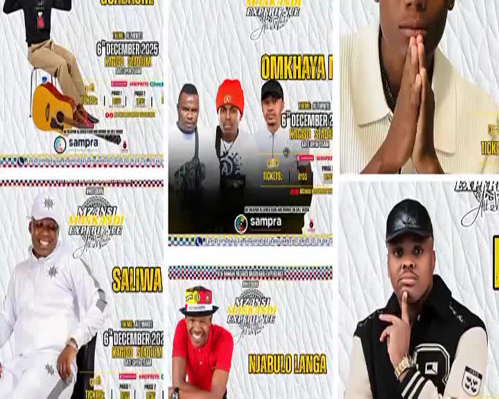 Posters for a music event are displayed, each featuring a different performer's image and the date: December 6th, 2025. The event, called "Mzansi Music Experience," is promoted with the "Sampr" logo.
