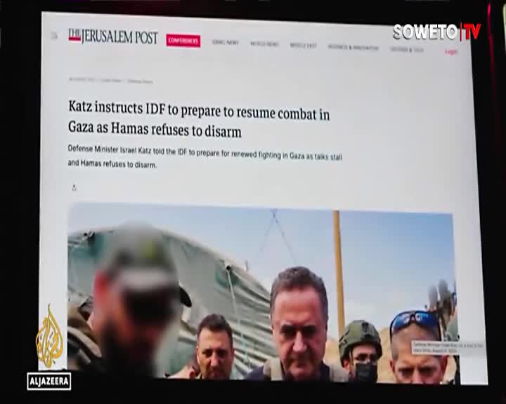 A news report from Soweto TV displays an article from The Jerusalem Post about Israel's Defense Minister instructing the IDF to prepare for renewed combat. Below the headline, a photograph shows several men, some in military attire, gathered outdoors.