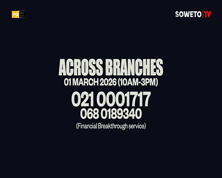 The Soweto TV logo appears in the top right corner. Large white text announces "ACROSS BRANCHES" followed by a date and time, and two prominent phone numbers. The Soweto TV logo appears in the top right corner. Large white text announces "ACROSS BRANCHES" followed by a date and time, and two prominent phone numbers.