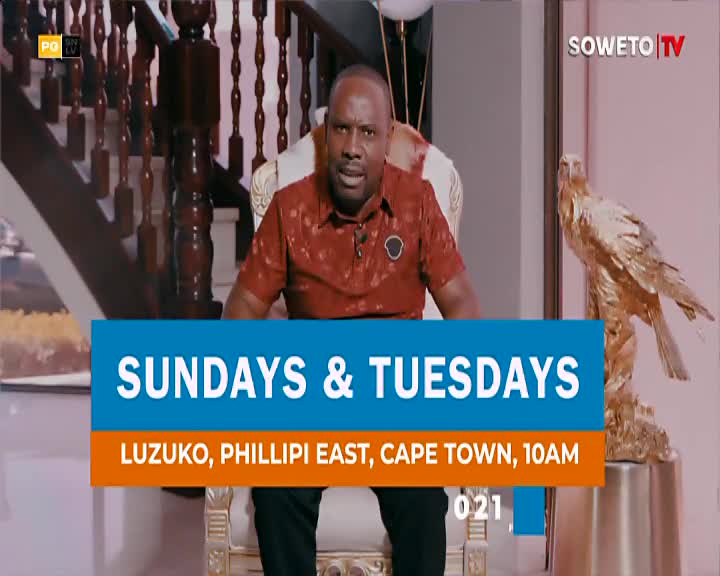 A man in a red patterned shirt sits on a gilded chair, speaking directly to the camera. Soweto TV broadcasts this segment, announcing it airs Sundays and Tuesdays at 10 AM from Luzuko, Philippi East, Cape Town.
