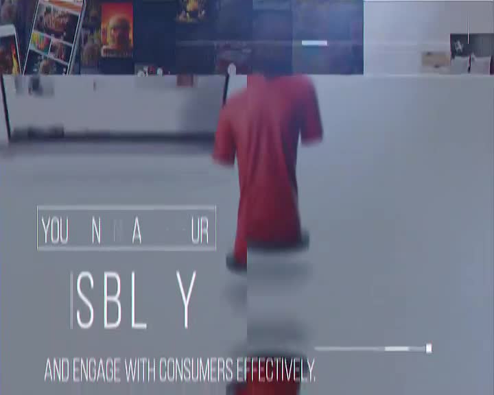 A figure in a red shirt moves across the floor, their legs a blur. Text overlays the scene, reading "YOU N A UR SBL Y AND ENGAGE WITH CONSUMERS EFFECTIVELY."