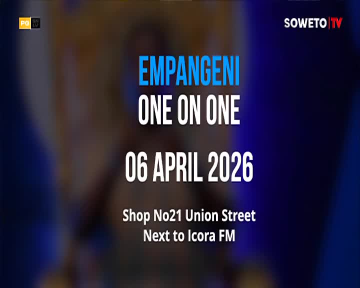 The Soweto TV logo is visible on the right, broadcasting an event happening on April 6, 2026, in Empangeni. The text also mentions a location at Shop No21 Union Street, next to Icora FM.