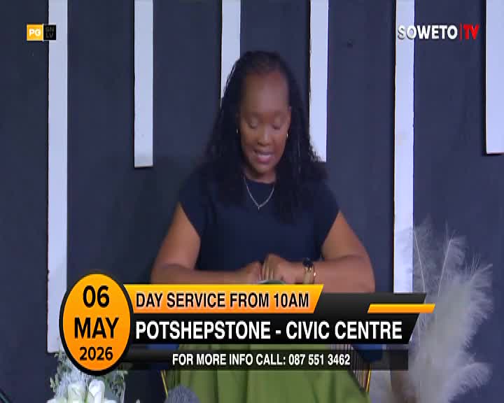 A woman speaks into a microphone, her gaze directed downwards. A graphic overlay announces a "Day Service from 10 AM" at the "Potshepsthone - Civic Centre" on May 6, 2026, with a Soweto TV logo visible. A woman speaks into a microphone, her gaze directed downwards. A graphic overlay announces a "Day Service from 10 AM" at the "Potshepsthone - Civic Centre" on May 6, 2026, with a Soweto TV logo visible.