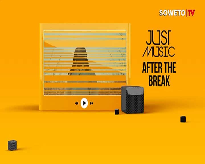 A bright yellow screen displays "JUST MUSIC AFTER THE BREAK" in bold black lettering, with Soweto TV's logo in the corner. A small, black speaker sits beside the screen, and a few tiny black cubes are scattered around the vibrant background. A bright yellow screen displays "JUST MUSIC AFTER THE BREAK" in bold black lettering, with Soweto TV's logo in the corner. A small, black speaker sits beside the screen, and a few tiny black cubes are scattered around the vibrant background.