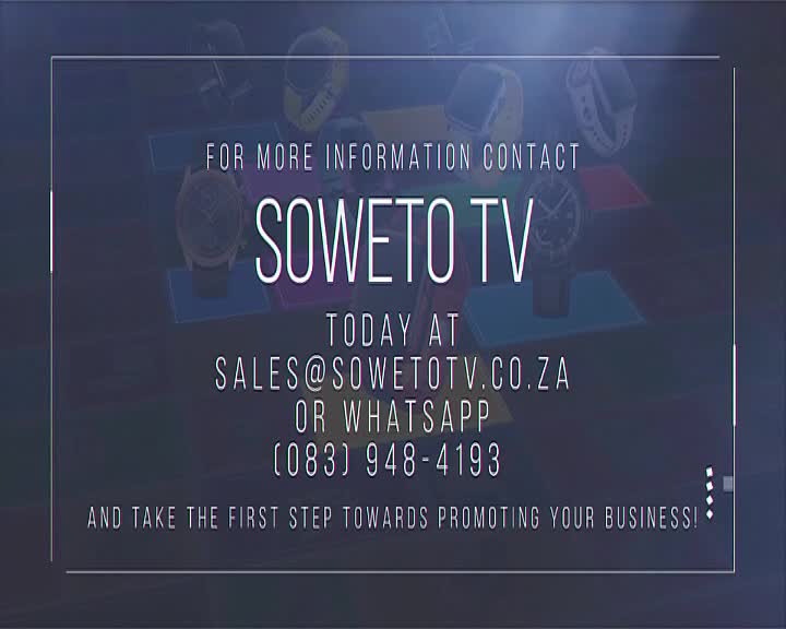 The Soweto TV logo stands out in bold white lettering against a dark, abstract background. Below it, contact details for sales and WhatsApp are clearly displayed, inviting viewers to promote their businesses. The Soweto TV logo stands out in bold white lettering against a dark, abstract background. Below it, contact details for sales and WhatsApp are clearly displayed, inviting viewers to promote their businesses.