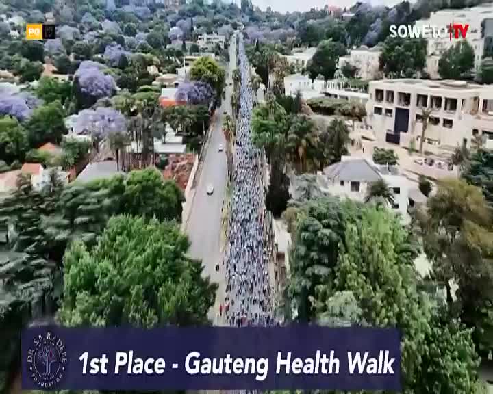 A massive crowd stretches down the road, a river of people flowing through the jacaranda-lined streets of Gauteng. White vehicles move slowly amongst them, marking the front of the Gauteng Health Walk.