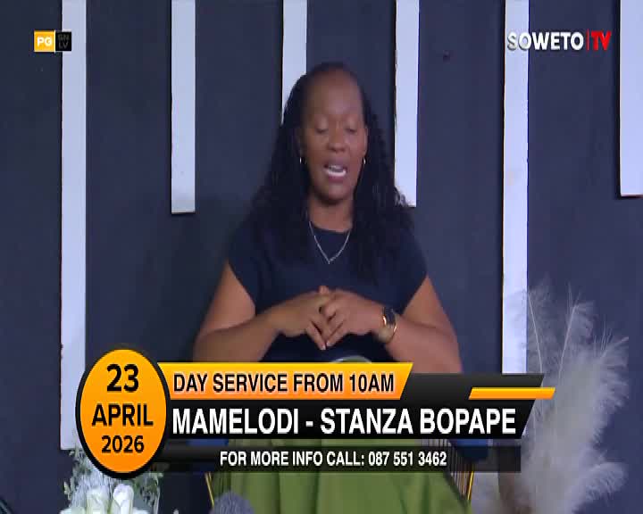 A woman speaks with her hands clasped in front of her, her expression earnest. A graphic overlay announces a day service in Mamelodi, Soweto, for April 23, 2026.