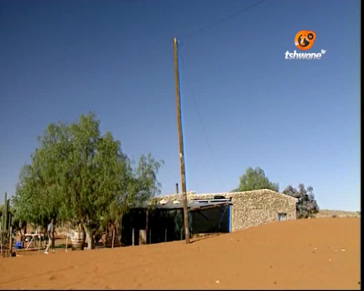 A simple building sits low on the horizon, shaded by trees and a clear blue sky. The Tshwane TV logo is in the upper right corner, and the ground is a sea of red sand.
