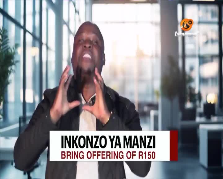A man on Tshwane TV in South Africa gestures emphatically, his hands framing his face. A lower-third graphic announces "Inkonzo ya Manzi" and asks for an offering of R150.
