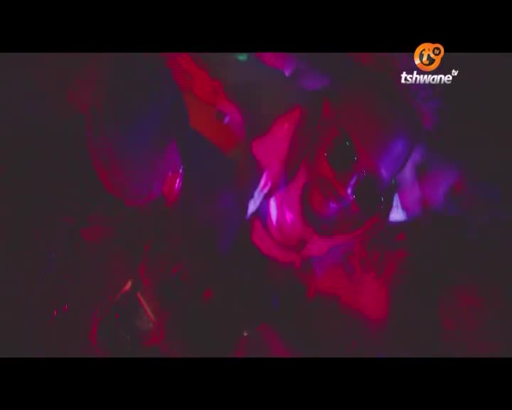 The scene is awash in deep reds and purples, with shapes shifting and swirling in the darkness. It's likely a performance, perhaps a dance, being broadcast on Tshwane TV.
