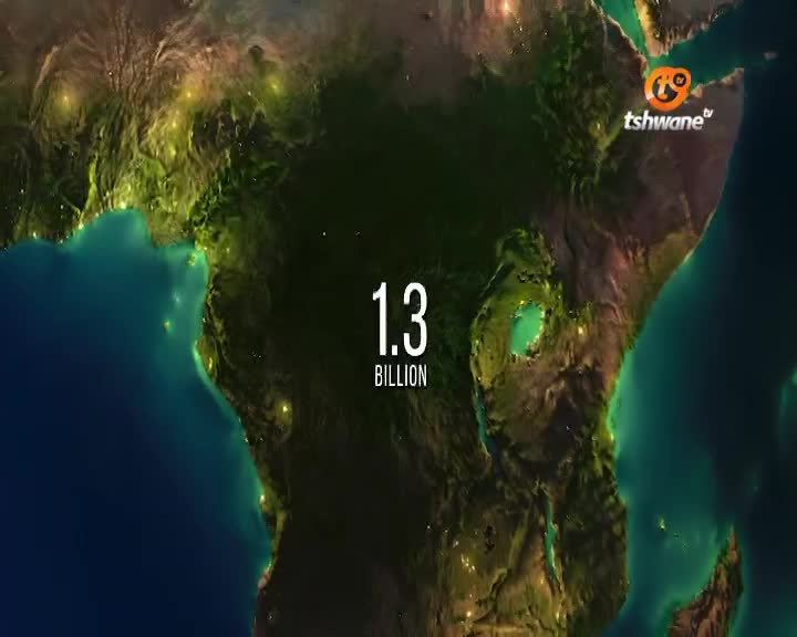 A map of Africa glows with city lights, and the Tshwane TV logo sits in the upper right corner. The number 1.3 billion is displayed prominently over the continent.
