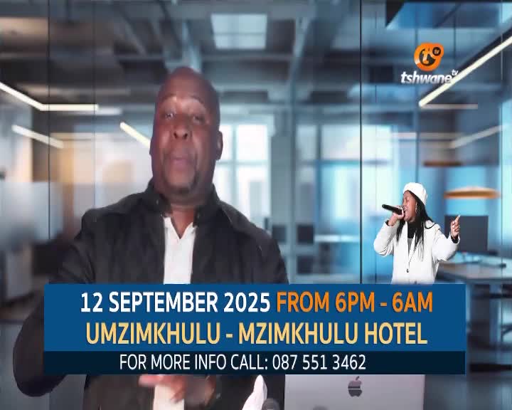 A man in a black jacket gestures as he speaks, while a performer in white sings on a Tshwane TV screen. Below them, a banner advertises an event at the Umzimkhulu-Mzimkhulu Hotel.
