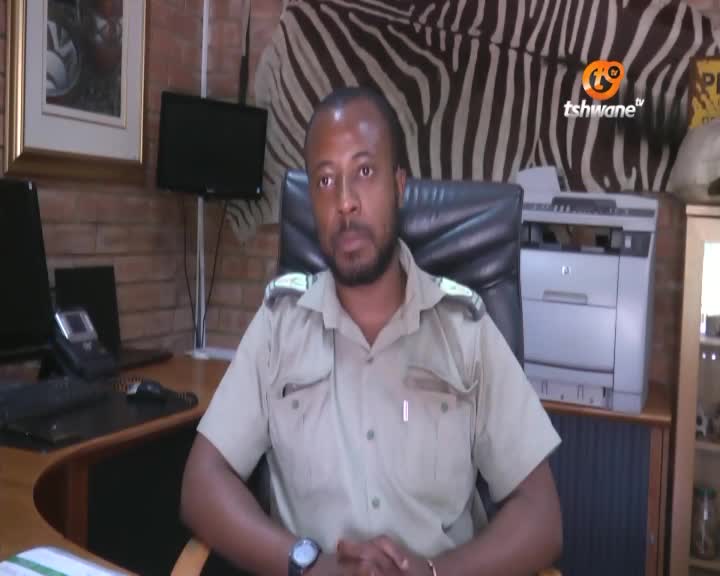 A man in a khaki uniform sits in an office chair, looking directly at the camera. The Tshwane TV logo is visible in the background, along with a zebra-striped wall hanging.
