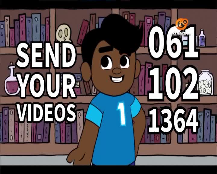 A cartoon boy in a blue shirt with a number one on it grins at the camera. Above him, a message on Tshwane TV encourages viewers to send their videos, with a phone number displayed.
