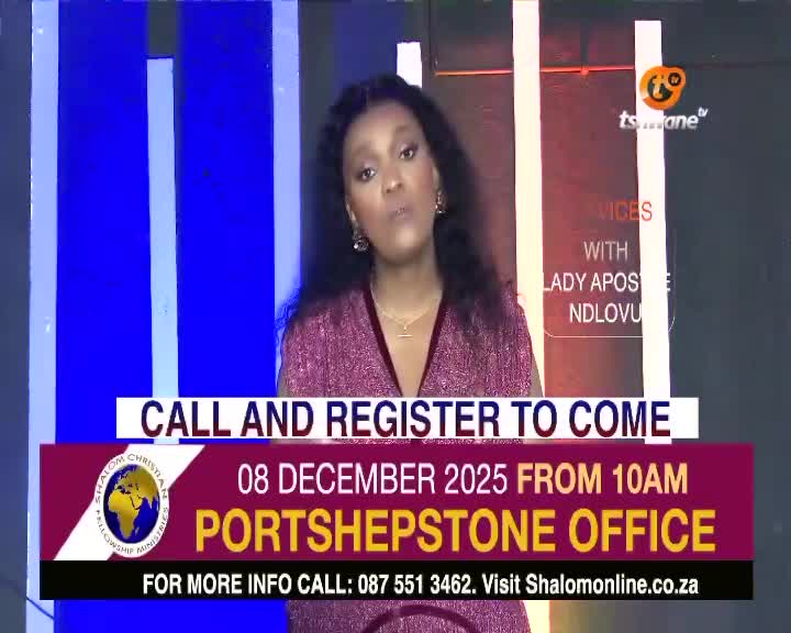 On Tshwane TV, a woman in a sparkly dress speaks directly to the camera, while a graphic promotes an event in Port Shepstone. The screen displays a date and a phone number for more information.
