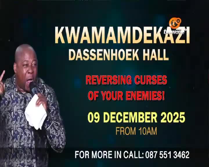 A man in a patterned shirt, holding a microphone, gestures emphatically while speaking. The Tshwane TV logo sits at the top right, and the screen advertises an event at Dassenhoek Hall in South Africa, promising to reverse curses.
A man in a patterned shirt, holding a microphone, gestures emphatically while speaking. The Tshwane TV logo sits at the top right, and the screen advertises an event at Dassenhoek Hall in South Africa, promising to reverse curses.