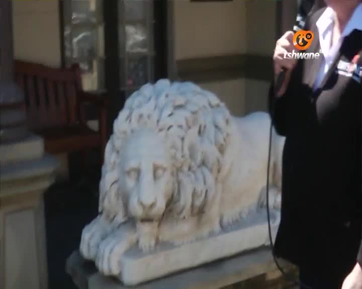 A man in a dark jacket holds a microphone near a stone lion sculpture. The Tshwane TV logo is visible on his jacket.