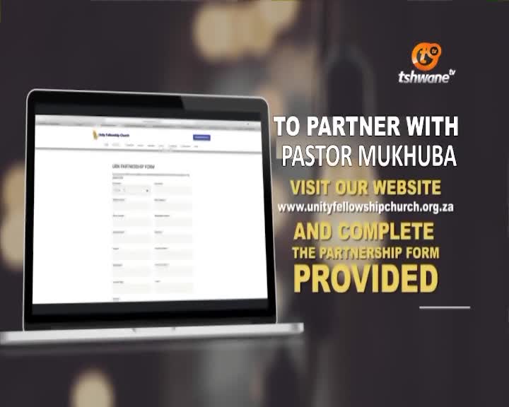 A laptop displays a partnership form for Unity Fellowship Church. Text beside it invites viewers to partner with Pastor Mukhuba by visiting their website and completing the form. A laptop displays a partnership form for Unity Fellowship Church. Text beside it invites viewers to partner with Pastor Mukhuba by visiting their website and completing the form.