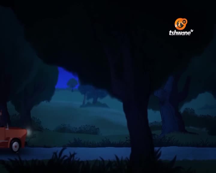 An orange car drives down a dark road, its headlights cutting through the night. The Tshwane TV logo glows in the corner of the screen.