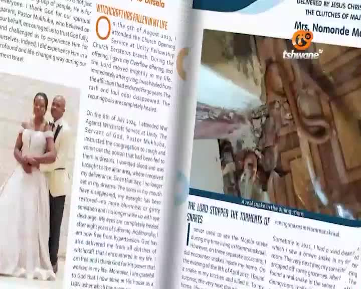 A wedding photo of a couple in formal attire sits beside a magazine spread detailing a testimony of deliverance from witchcraft. The magazine features a headline about the Lord stopping torments of snakes, with a small inset photo of a snake in a dining room.