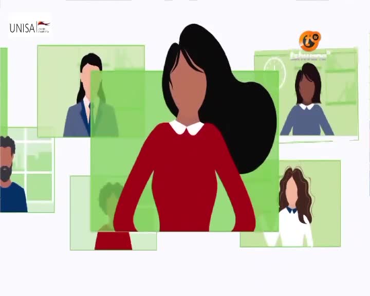 A woman in a red top stands prominently, surrounded by smaller frames showing other people. This feels like a virtual meeting, perhaps a broadcast from Tshwane TV.