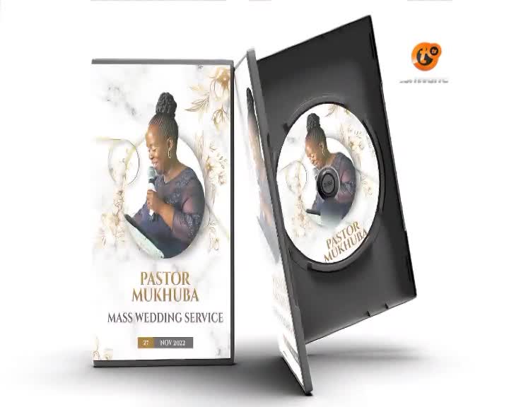A DVD case stands open, revealing the disc inside. The cover art features Pastor Mukhuba speaking into a microphone, with text indicating a "Mass Wedding Service" held in November 2022.