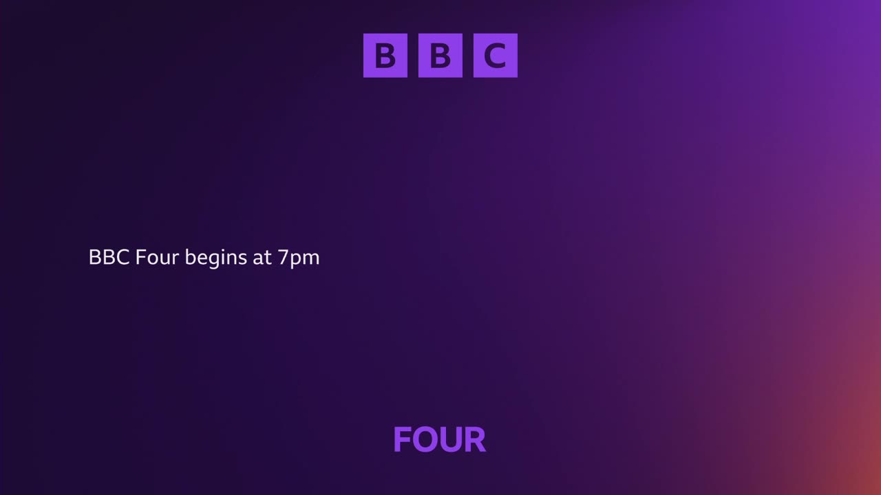 The BBC logo sits in the top corner, above a purple gradient. "BBC Four begins at 7pm" is written in white, letting viewers know when the program starts.
