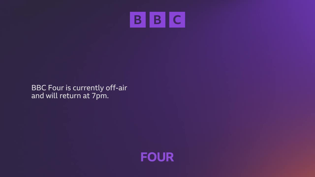 A purple gradient fills the screen, with the BBC logo in the top corner. BBC Four is currently off-air, but promises to be back at 7 pm.
