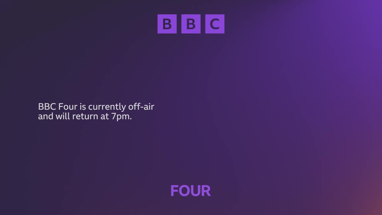 The BBC logo sits in the corner, above a message that explains BBC Four is currently off-air. A gradient of purple and violet fills the screen, and the word "FOUR" is at the bottom.
