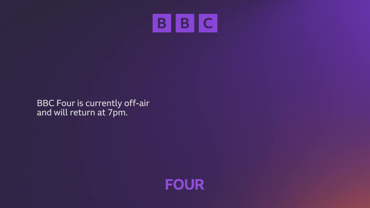A purple gradient fills the screen, with the BBC logo in the upper corner. The words "BBC Four is currently off-air and will return at 7pm" are displayed in white text.

