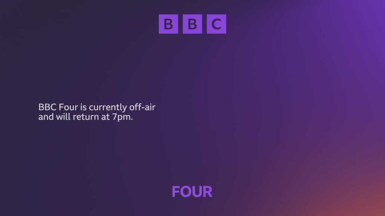 A purple gradient fills the screen, with the BBC logo in the top corner. BBC Four is currently off-air, and the message says it will be back at 7 pm.
