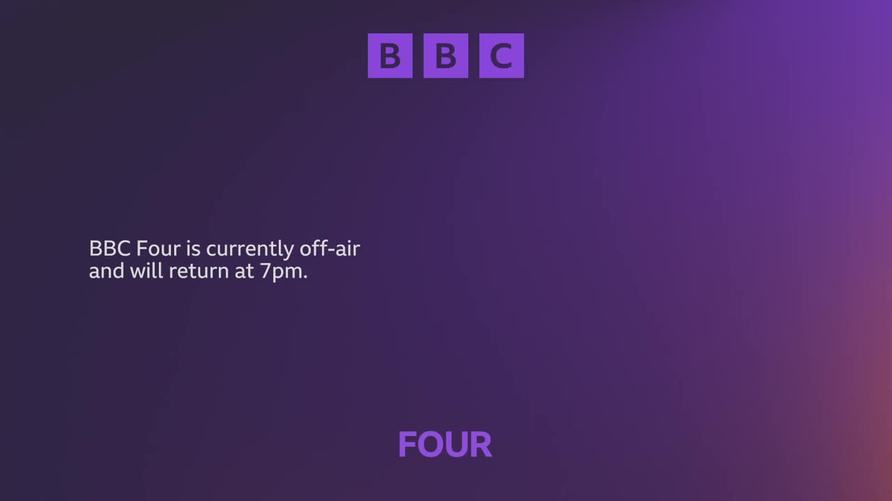 The screen is a gradient of purple. A message from BBC Four states the channel is off-air and will return at 7pm.
