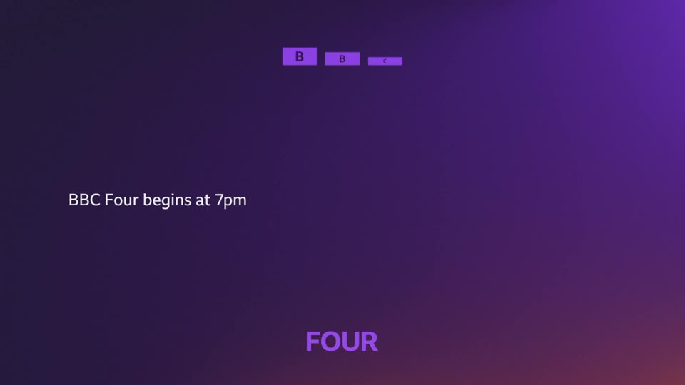 The BBC Four logo, comprised of three purple blocks, drifts slowly across the screen. Below it, white text announces, "BBC Four begins at 7pm."