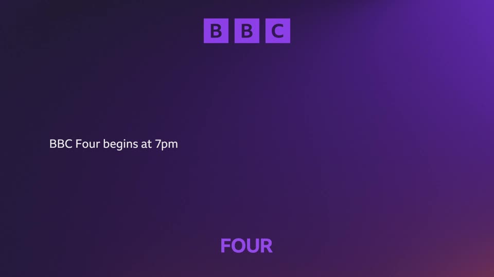 The BBC logo appears in purple squares at the top of the screen.  White text announces that BBC Four begins at 7pm, with the word "FOUR" also displayed in purple at the bottom.