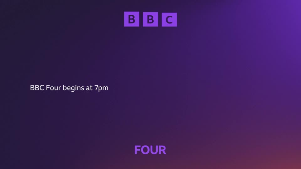 The BBC logo appears in purple squares at the top.  Text on the left states "BBC Four begins at 7pm," and "FOUR" is written in large purple letters at the bottom.