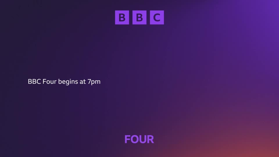 The BBC logo, three purple squares with white letters, floats above the text "BBC Four begins at 7pm." Below, the word "FOUR" appears in large, bold purple letters.