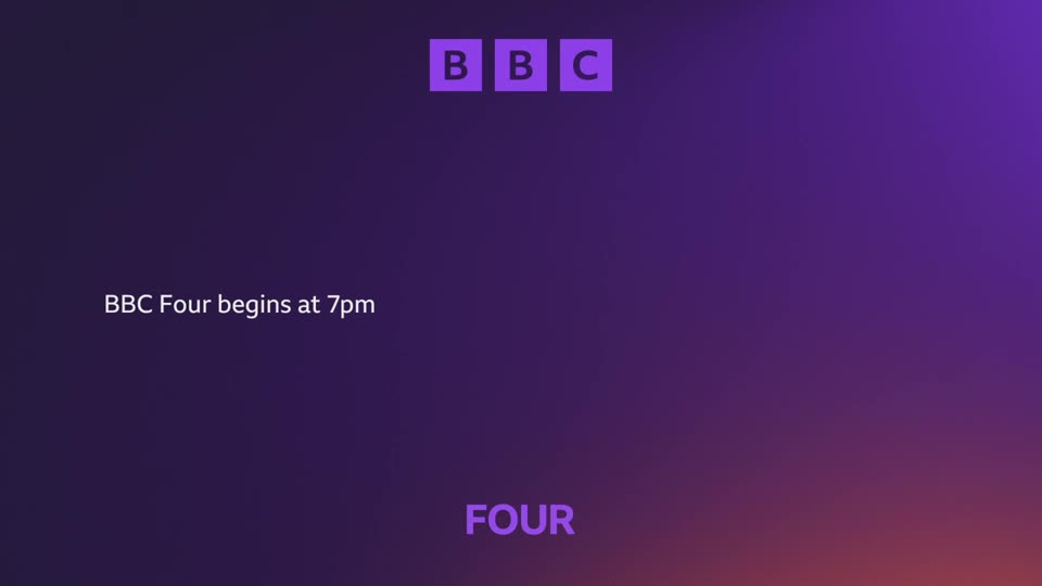 The BBC logo, three purple squares with white letters, appears at the top.  Below it, white text reads "BBC Four begins at 7pm."